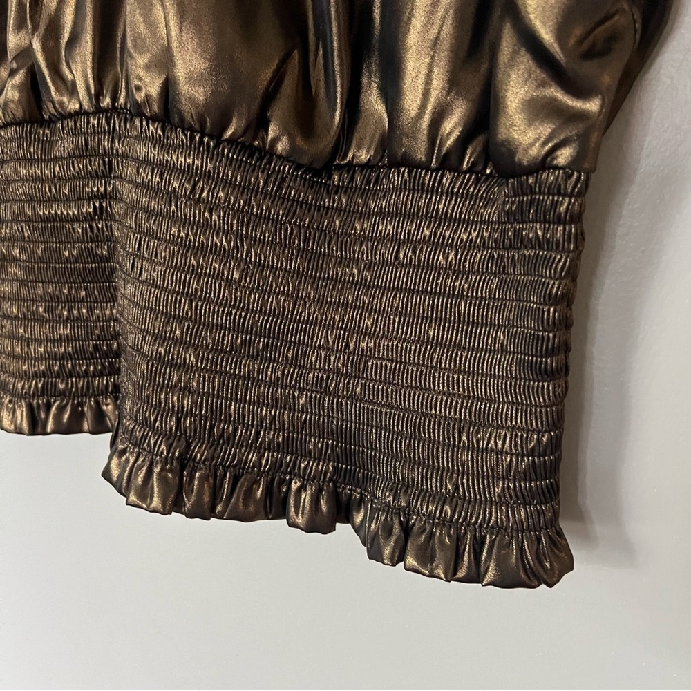 Nine West Metallic Brown Smocked Hem Ruffle Top Sleeveless Large Party Glam Chic - Picture 3 of 9